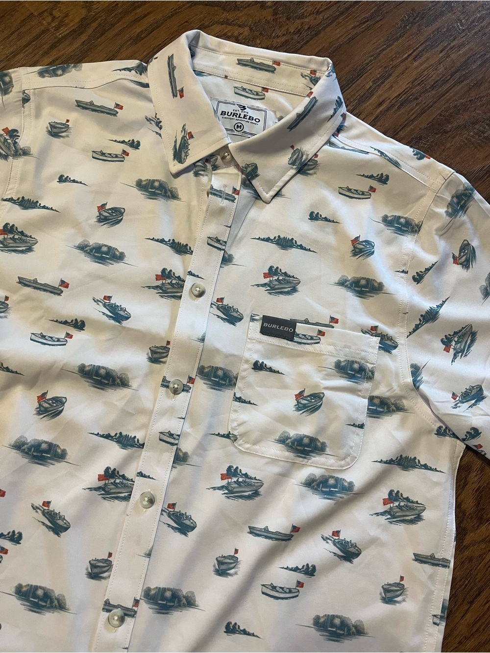 BURLEBO White Short-Sleeve Button-Down with Teal Boat Print and Red Accents